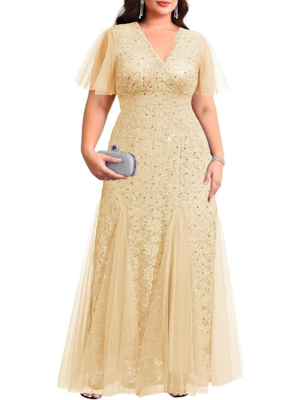 Plus Size Formal Dress Sequin Lace Mermaid Wedding Guest Maxi Gown